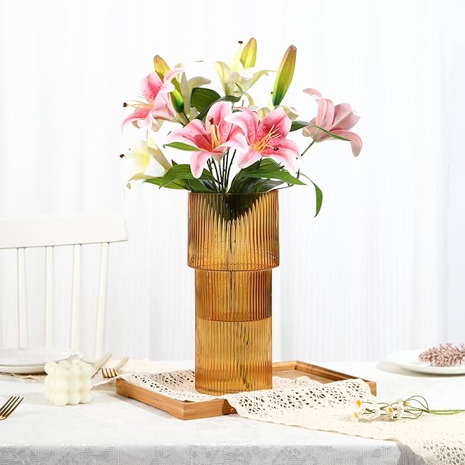 Large Glass Vase, 12 Inches Tall Vase for Flowers, Amber Flower Vases for Bouquet, Modern Amber Glass Vases for Living Room, Dining Table, Office, Entryway, Mantle, Shelf, Wedding Gifts