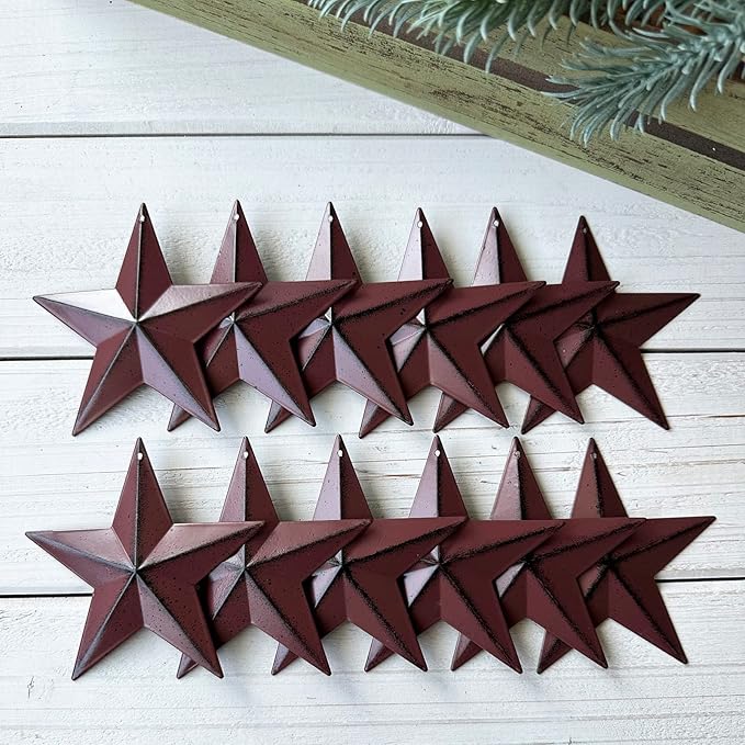 3.8 Inch Barn Star Texas Stars Art-Metal Star for Outside Rustic Vintage Western Country Home Farmhouse Wall/Door Decor, Set of 12(Matte Burgundy)…