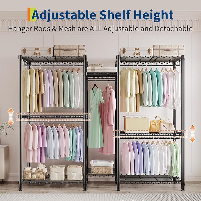 Heavy Duty Portable Closet Wardrobe Load 1874LBS,Metal Clothes Rack Garment Rack Free Standing Closet Organizers and storage with 8 Adjustable Shelves, 5 Hanging Rods 76.5"H x 73.6"L x 17.4"W