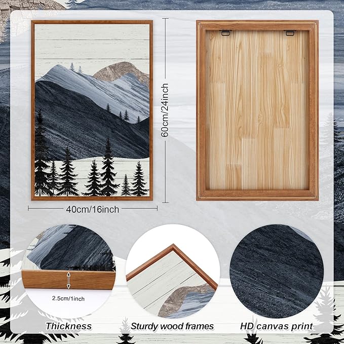 KAIRNE Mountain Canvas Wall Art,Abstract Landscape Wall Decor Set of 3(16”X24”),Sunrise Pine Forest Nature Prints,Wilderness Scenery Pictures for Living Room Bedroom Farmhouse Office Decor,Framed