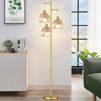 QIYIZM Gold Floor Lamp for Living Room,Bedroom,Tree 3 Light Standing Lamp Mid Century Modern Brass Tall Floor Lamps Vintage Retro Floor Lights Glass Flower Amber Lamp Shade Farmhouse Boho Bohemian