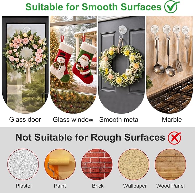 6 Pcs Suction Cup Wreath Hangers for Front Door, Removable Clear Wreath Hooks for Glass Door, Window, Tile Wall, Heavy Duty No-Damage Holiday Decor Hangers for Easter, Halloween, Christmas