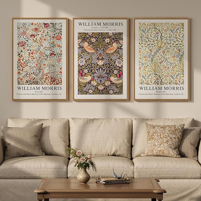 Large Framed William Morris Wall Art Set of 3, Vintage Strawberry Thief Canvas Artwork for Walls, Rustic Botanical Floral Art Prints for Living Room, Bedroom, Dining Room, Hallway, Office Wall Decor, Total Size 30x60 In