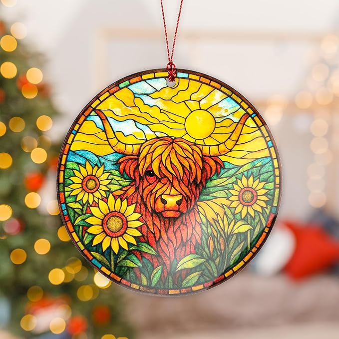 Christmas Ornaments 2025, Highland Cow Ornament Suncatcher, Cow Ornaments for Christmas Tree, Highland Cow Gifts for Women Men, Rustic Cow Decor, Farmhouse Christmas Ornament Gift