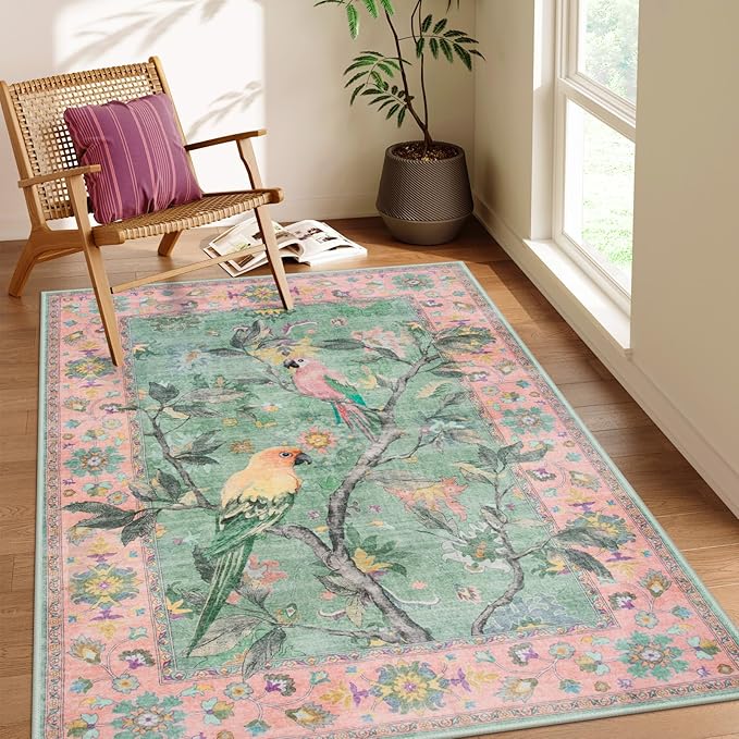 Lahome Botanical Birds Pink Rugs for Bedroom Girls, 5x7 Washable Living Room Dining Room Rugs for Under Table, Vintage Indoor Carpet Throw Nursery Carpet for Kids Classroom (5x7ft,Pink)