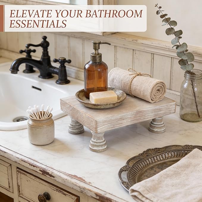 EOSAHR Farmhouse Riser for Room Decor : Decorative Pedestal Stand For Display Your Home Decorations and Uniquely Soap Stand - Rustic Bathroom Counter Tray and Kitchen Decor (Natural Wood)