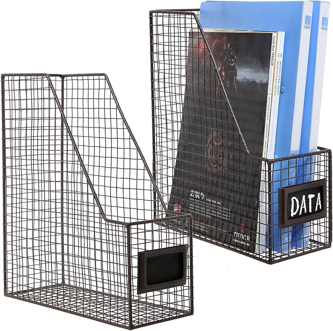 MyGift Metal Wire Magazine Holder in Rustic Brown Finish, Desktop Document and File Folder Storage Bin with Chalkboard Label for Home, Office, School, Dorm, Set of 2