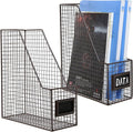 MyGift Metal Wire Magazine Holder in Rustic Brown Finish, Desktop Document and File Folder Storage Bin with Chalkboard Label for Home, Office, School, Dorm, Set of 2