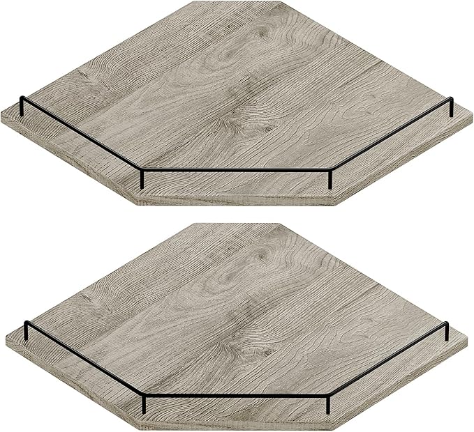 JJL Corner Shelf Wall Mounted, 12 Inches 2-Tier Floating Corner Shelf, Hexagon Rustic Wood Decor with Fence, Gray Wood Grain Wall Shelves for Apartment Bedroom Kitchen Bathroom