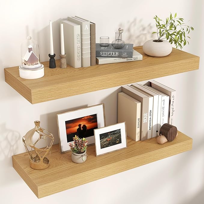 Venusmiles Floating Shelves for Wall, 36" W x 12" D x 2" H, 2 Pack of Long Wall Mounted Engineered Wood Shelves with Invisible Brackets for Living Room, Bedroom, Bathroom, Kitchen Decor, Oak