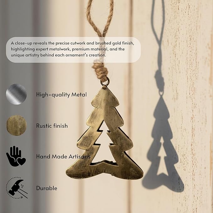 Rustic Iron Wall Accent - Handmade Metal Hanging Décor with Rope for Indoor & Outdoor Use - Flat Christmas Tree (5" 3.5") Design for Rustic Home Decoration (Set of 2)