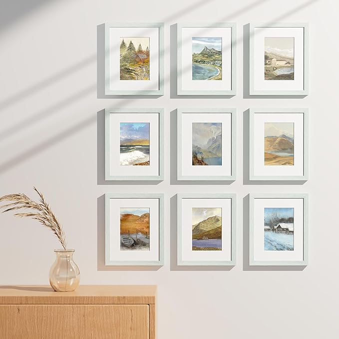 Vittanly 8x10 Picture Frames Set of 9, Shatter Resistant Plexiglass, Display 5x7 Pictures with Mat or 8x10 without Mat, Photo Frames for Wall or Tabletop, Engineered Wood, Vintage Green