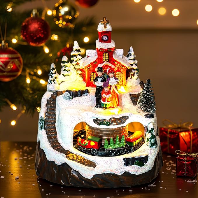Animated Musical Christmas Village Choir Figurines Christmas Collectibles Statues Church Building & Carolers with Rotating Train LED Lights, Battery & USB Home Decor Gifts Festive Holiday Decorations