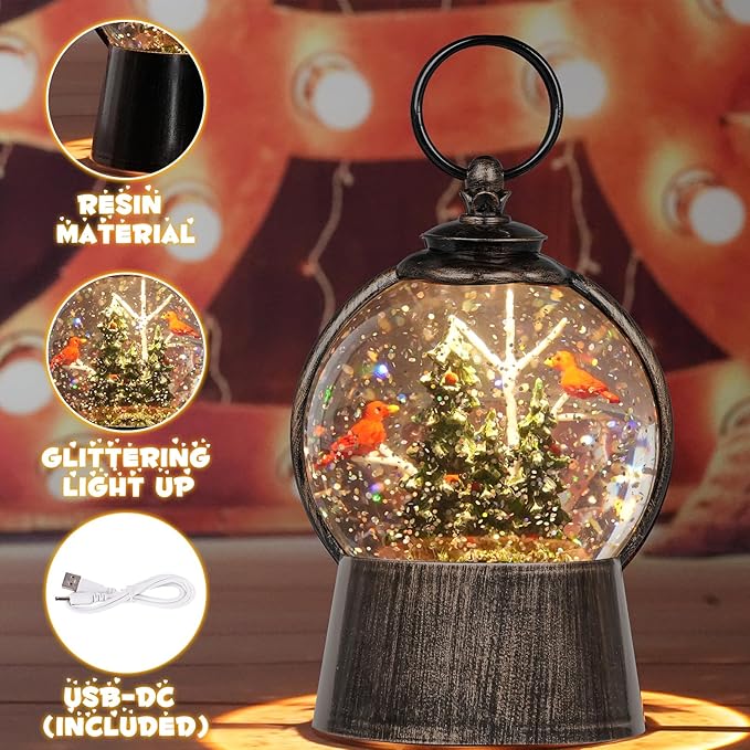 Christmas Snow Globe Lantern with Swirling Glitter Christmas Decorations Indoor, Cardinals & Christmas Tree Lighted Musical Snow Globes USB Powered & Battery Operated Lantern for Holiday Decor