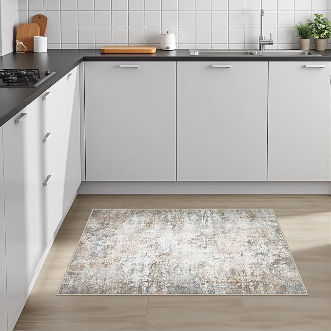 Washable Area Rug 2x3 Entryway Rug: Washable Modern Abstract Soft Thin Rug Indoor Floor No Slip Stain Resistant Carpet for Bedroom Dining Room Farmhouse Nursery Home Office - Brown Grey