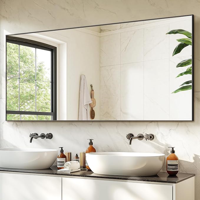 TRAHOME Bathroom Vanity Mirror for Wall, 60" x 30" Metal Framed Rectangular Bathroom Wall Mirror for Over Sink, HD Shatterproof Glass, Hangs Horizontally or Vertically(Black)