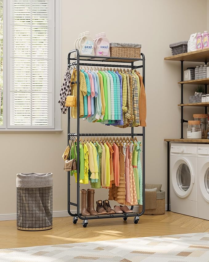 Stylish Clothes Rack - Rust-Proof Clothing Rack with Shelves, Hangers, Removable Hooks, Anti-Tip Wardrobe Closet with Lockable Wheels & Wall Anchor for Bedroom, 33.0" x 12.6" x 78.7", Black