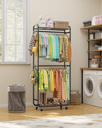 Stylish Clothes Rack - Rust-Proof Clothing Rack with Shelves, Hangers, Removable Hooks, Anti-Tip Wardrobe Closet with Lockable Wheels & Wall Anchor for Bedroom, 33.0" x 12.6" x 78.7", Black