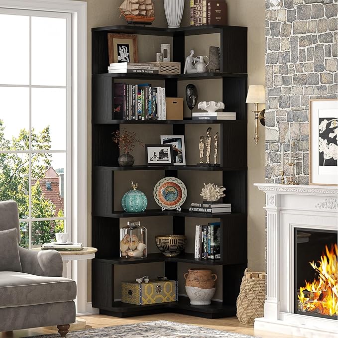 Armocity Corner Book Shelf - 7 Tier Corner Bookshelf Etagere Bookcase with Baffle, Freestanding L Shaped Display Shelf Stand for Home Office, Living Room, Bedroom, Kitchen, Black