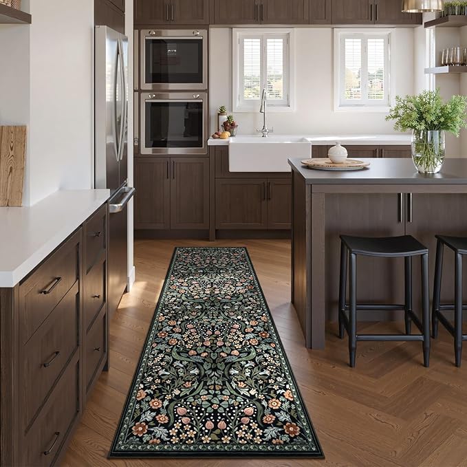 Moynesa Floral Kitchen Runner Rug, 2x6 Runners for Hallways 6ft Non Slip Washable Soft Rug Runners, Boho Botanical Ultra Thin Stain Resistant Carpet Runner for Bathroom Entryway, Black