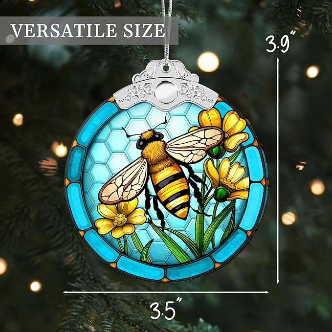 2025 Christmas Ornaments, Christmas Tree Ornaments Acrylic, Faux Stained Glass Effect White Elephant Gifts Exchange, Unique Suncatcher Xmas Stocking Stuffers for Women, Men (Bee)