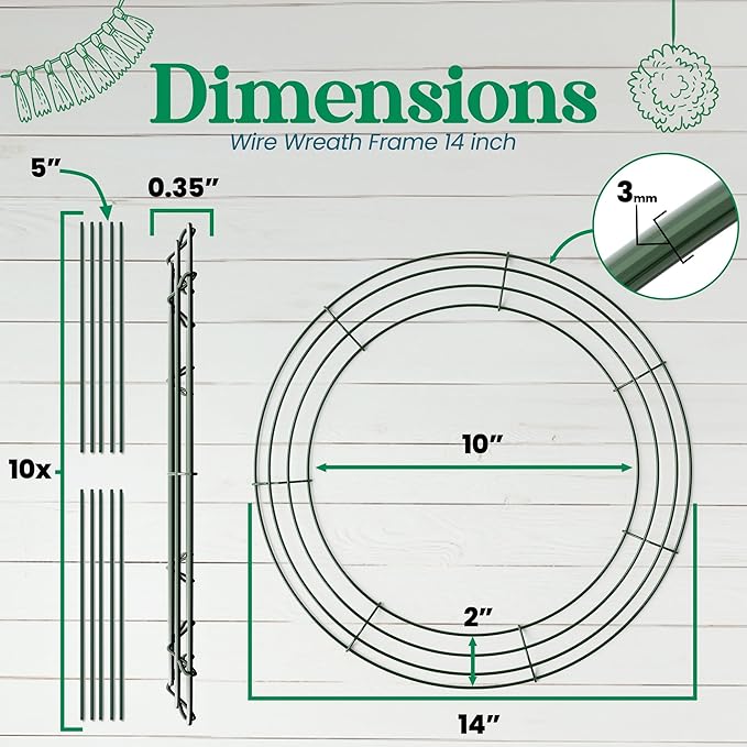 3-Pack 14 Inch Wire Wreath Frame – Round Metal Wreath Form with Ring Design for DIY Crafts, Floral Projects, and Home Decor – Dark Green Wire Frame for Christmas Holiday & Weddings