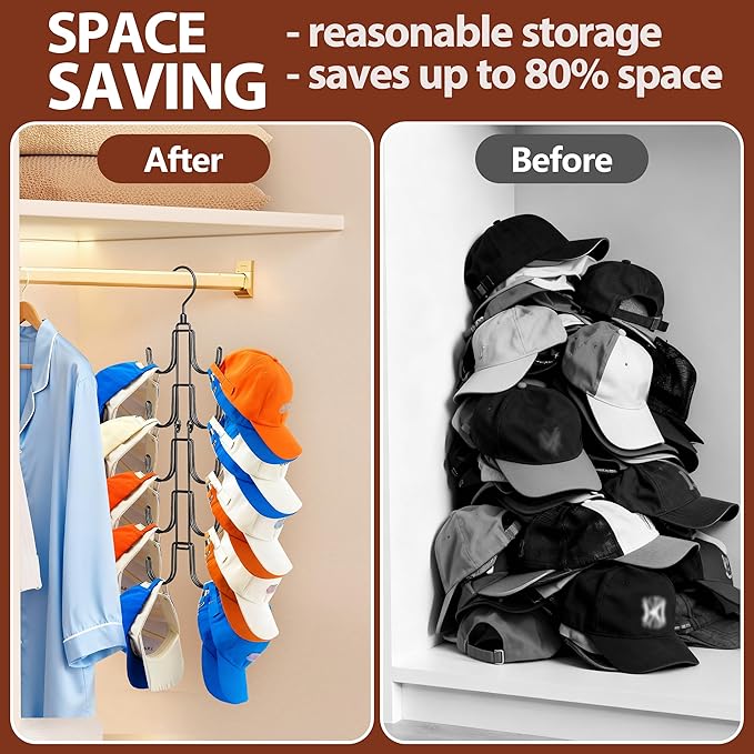 Hat Hangers for Closet, Hanging Hat Organizer with 10-Hook, Stainless Steel Hat Rack, Space Saving Cap Holder, Collapsible Hat Storage for Baseball Caps
