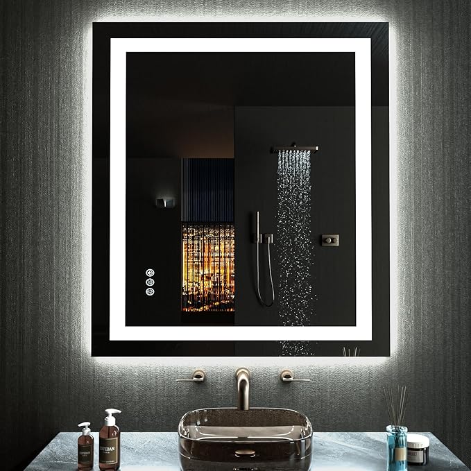 LOAAO 24”X30“ RGB LED Bathroom Mirror with Lights, Large, Anti-Fog, Dimmable Smart Lighted Bathroom Vanity Mirror, Multiple Light Modes, RGB Backlit + Front Light, Memory Function, Tempered Glass