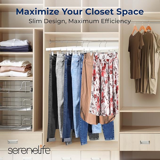 SereneLife 30 Pack Skirt and Pant Hanger with Adjustable Non-Slip Steel Clips, Premium Wooden, 360° Swivel Hook & 10 lb Capacity – Space-Saving Heavy-Duty Hangers for Jeans, Shorts & Slacks (White)