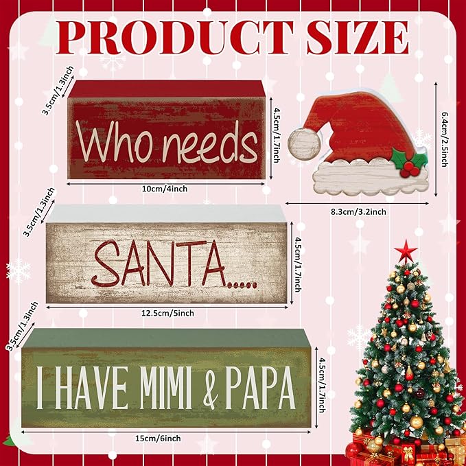 Lineshading 4 Pcs Christmas Table Decorations Wooden Red Santa Hat Christmas Tiered Tray Decor Rustic Wood Santa Hat Block Sign Xmas Centerpiece Mimi and Papa's Gift Decor for Home Shelf Kitchen