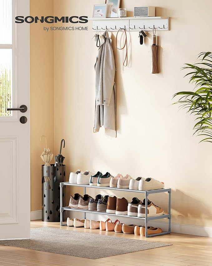 SONGMICS Shoe Rack, 2-Tier Shoe Organizer, Metal Storage Shelf, Upright or Upside Down, for 12-15 Pairs, Stackable, for Entryway, 11.8 x 36.2 x 14.6 Inches, Gray ULSA012G01