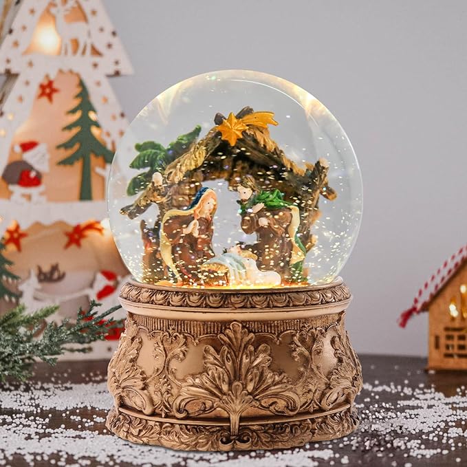 Christmas Snow Globe Musical - Nativity Snowglobe Vintage Water Snow Globes LED Light Change Music Box Home Christmas Decor for Kids Gold