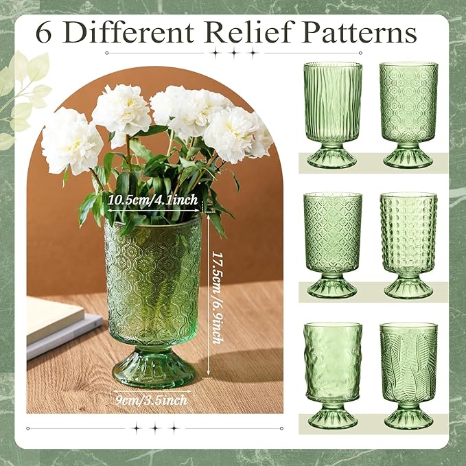 6 Pcs (H:7" W:4") Embossed Flower Vase Pedestal Glass Vase Big Base Thickened Crystal Vintage Vases for Valentines Day Wedding Home Decor Table Centerpiece House Warming Gifts(Green)