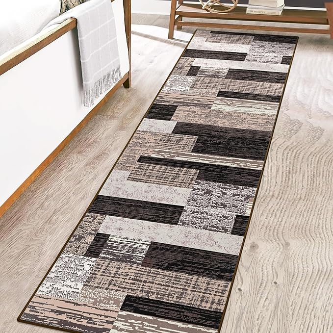 FlyDOIT Modern Geometric Patchwork Area Rug, 2.7x10 Chocolate Runner Rugs for Living Room, Rockwood Collection Indoor Rugs for Bedroom, Throw Carpet Floor Decor for Entryway Dining Room Office Nursery