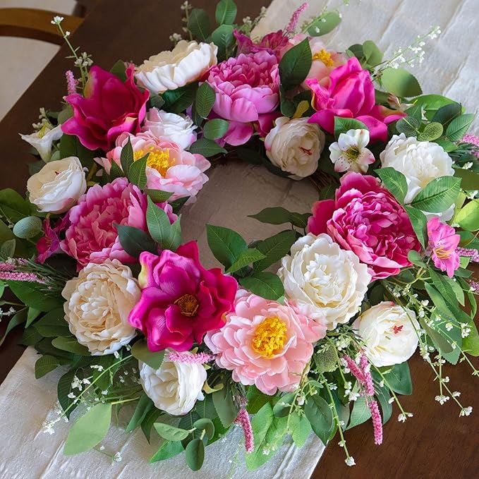 24 Inch Spring Wreaths for Front Door Outside,Artificial Silk Peony Rose Magnolia Spring Summer Wreath with Lavender Greenery | Luxury Summer Wreaths for Front Door-Indoor Outdoor Wreath Decor
