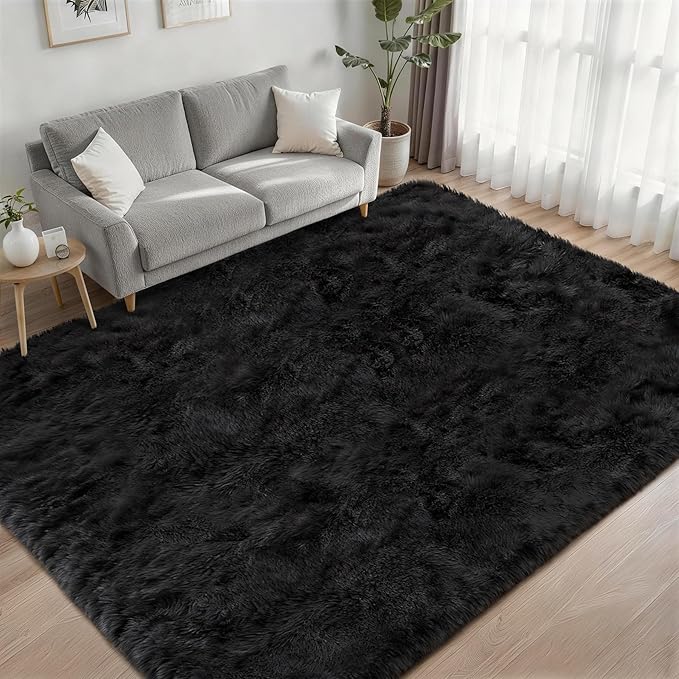 Fluffy 5x7 Area Rugs for Living Room Bedroom: Ultra Soft Shag Rug Non-Slip Non-Shedding Small Plush Bedside Rug Indoor Floor Carpets for Kids Room Playroom Entryway Nursery Dorms Home Decor Black