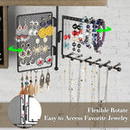SOLIMINTR Hanging Jewelry Organizer Wall Mount Holder with Rustic Wood Shelf, Ring Display Box, Ear Studs Earring Holder, Rotating Necklace for Gothic Goth Accessories