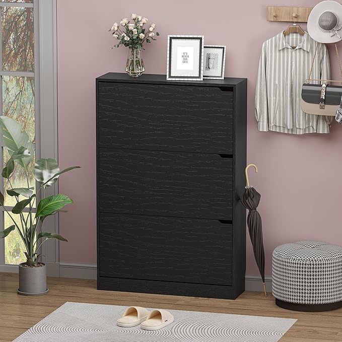 Shoe Storage Cabinet with 3 Flip Drawers,Narrow Shoe Rack Cabinet,Freestanding Organizer Storage for Entryway, Hallway, Black