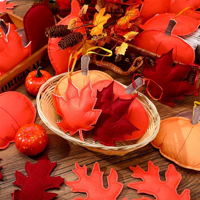 Tudomro 27 Pcs Fall Tree Decoration Autumn Thanksgiving Leaves Tree Ornaments Thanksgiving Decor 3D Felt Leaves Pumpkin Autumn Hanging Ornaments for Home Decor Party Favors(Maple Leaf and Pumpkin)