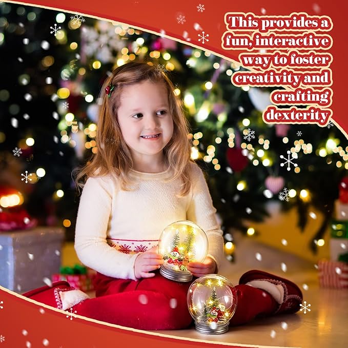 Liliful 30 Pack Christmas DIY Snow Globe Kit Including 3.58 Inch LED Plastic Snow Globe with Screw Off Cap Artificial Mini Tree Snowman Santa Deer Pine Cones and Lights for Party Decorations