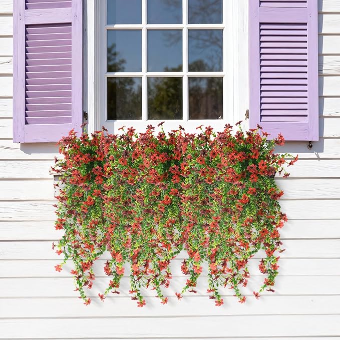 Artificial Hanging Flowers for Outdoors, 2 Pcs Fake Hanging Plant Spring Summer Decor, UV Resistant No Fade Realistic Faux Flower for Front Door Porch Planter Patio Garden Yard(Red Brown)