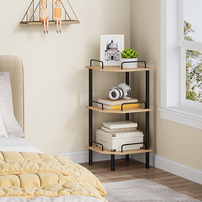 Tajsoon Corner Shelf Stand, 3 Tier Industrial Corner Shelves, Multipurpose Standing Display Shelf, Corner Shelving Unit for Bedroom, Living Room, Office, Kitchen, Natural