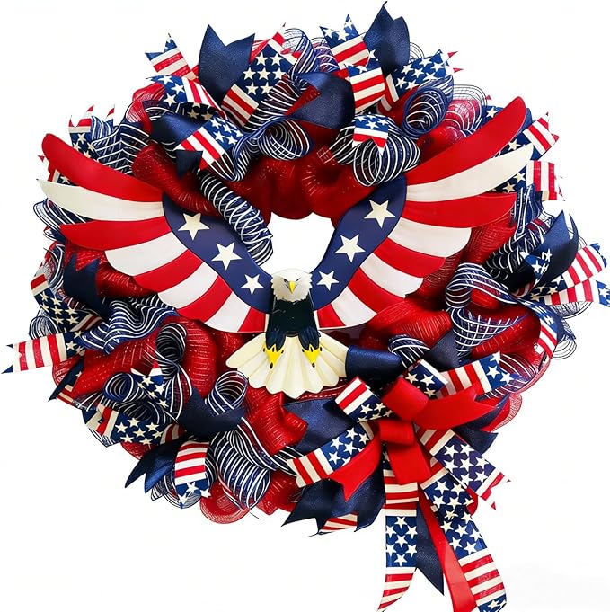 Patriotic Wreath for Front Door Red White Blue Wreath 4th of July Wreaths for Door Wall Memorial Day Decor Independence Day Hanging Decoration for Outside Home Farmhouse Holiday (Eagle)