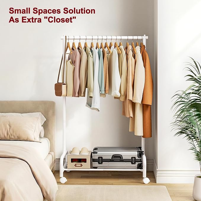 SLEEPING LAMB Heavy Duty Clothing Racks for Hanging Clothes, Metal Rolling Clothes Rack with Wheels, Sturdy Garment Wardrobe Rack for Bedroom, Laundry Room, White