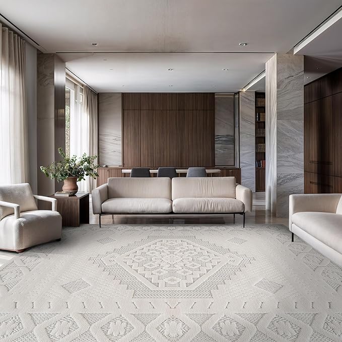 Modern Micro Loop Indoor Area Rugs for Living Room Bedroom Kitchen Geometric Trellis White 8x10 Luxury Durable Low and High Pile Non-Shedding Stain Resistant Soft Area Carpet 8 x 10