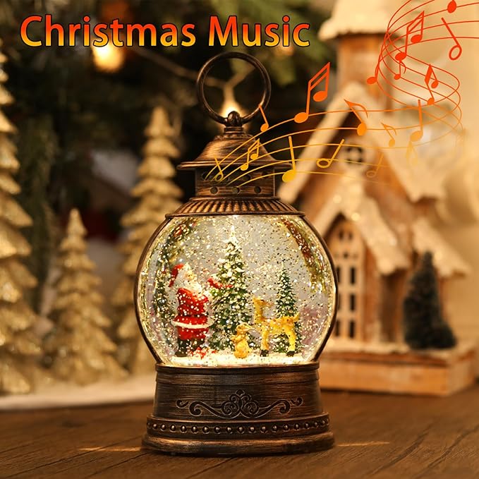 Christmas Snow Globes, Lighted Decorations Musical Snow Globes Lantern, Santa Christmas Decoration Indoor Home Décor & Gift, 6H Timer, USB/Battery Operated,