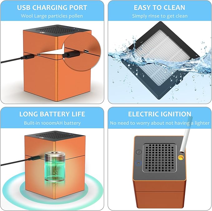Aluminum Housing Smokeless Ashtray, Multifunctional 3 in 1 Smoke Ashtray with Lighter & USB Rechargeable, HEPA Filter, Home or Office (Orange)