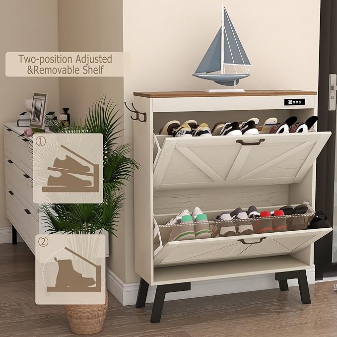 TaoHFE Farmhouse Small Shoe Cabinet Storage for Entryway,Deodorizing Shoe Organizer Cabinet Storage with 2 Flip Drawers,White flip Drawer Shoe Cabinet Hidden Cabinet Foyer,Hallway
