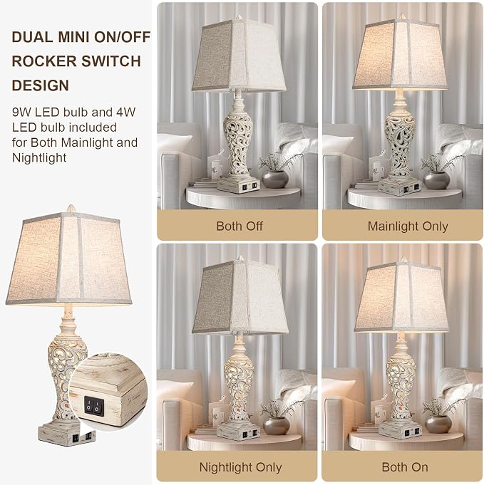 LuxSight Collection 28.5" Table Lamps Set of 2 - Bedside Lamp with Fabric Shades - for Bedroom and Living Room with USB and Nightlight - Perfect for Nightstands and Bedrooms