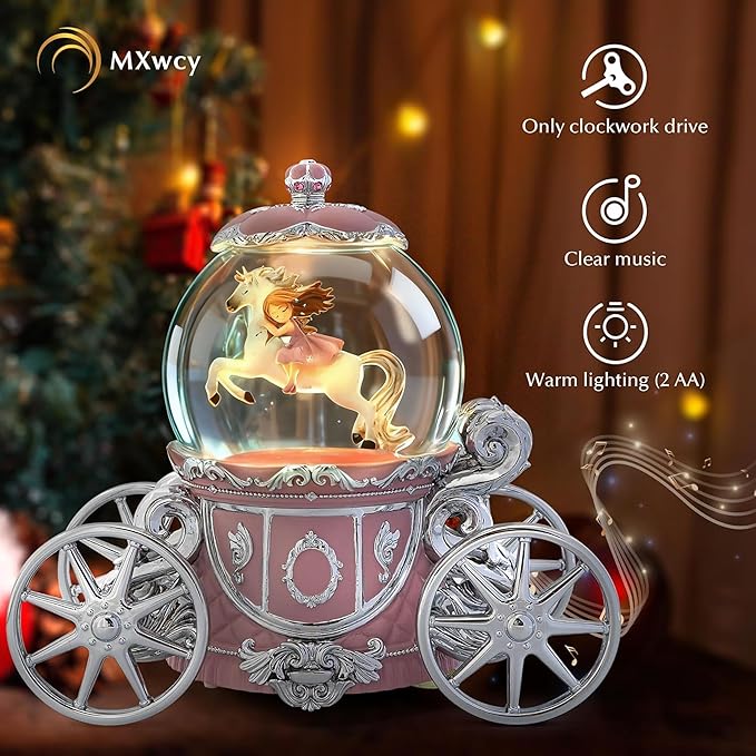Unicorn Snow Globe Music Box, 7" Pink Light Up Musical Snow Globe for Girls, Christmas Snow Globes for Mom Grandma Wife Women, Princess Carriage Birthday Valentines Gifts Home Decor